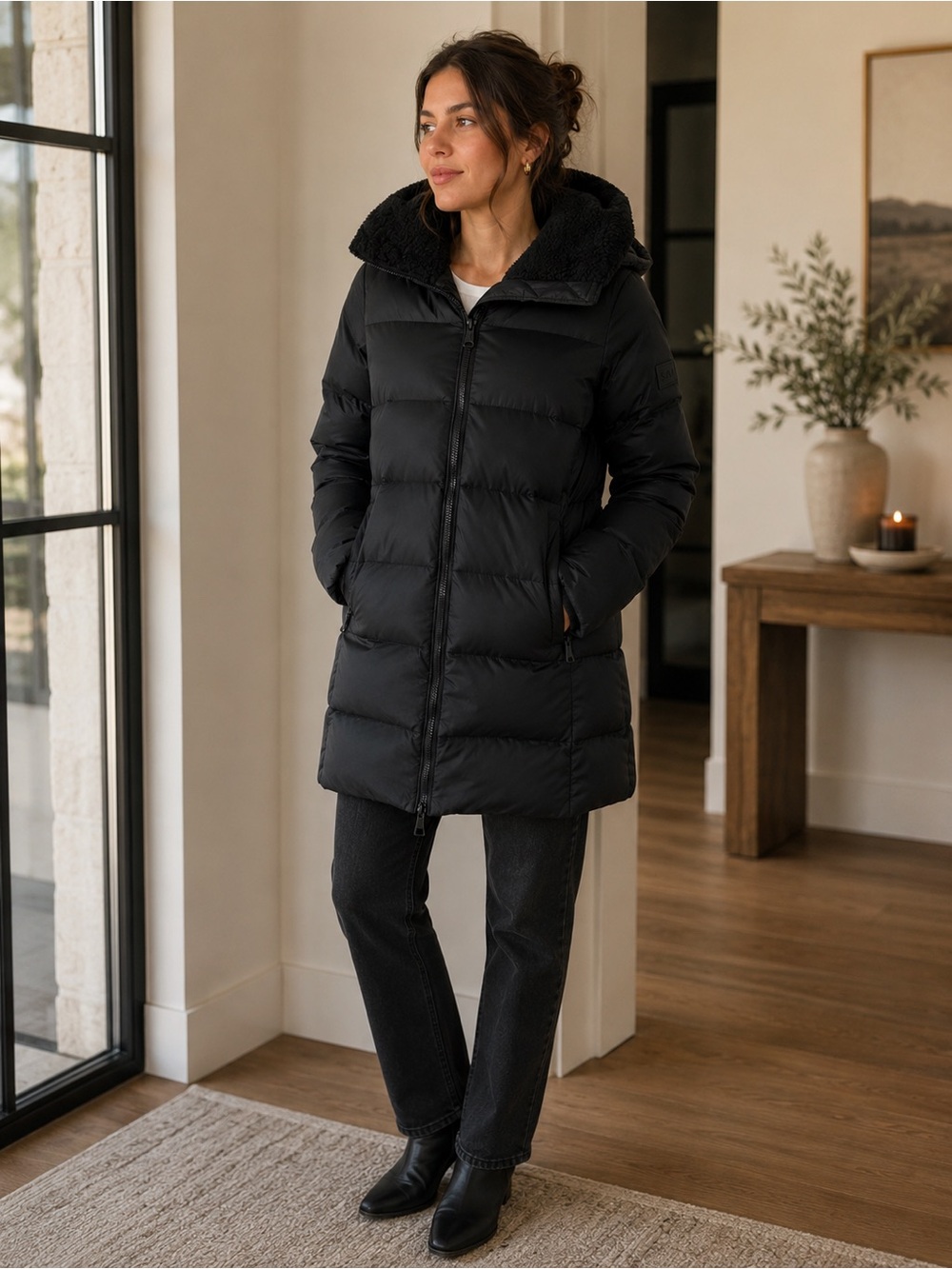 SAM. Black Puffer Coat with Sherpa Collar